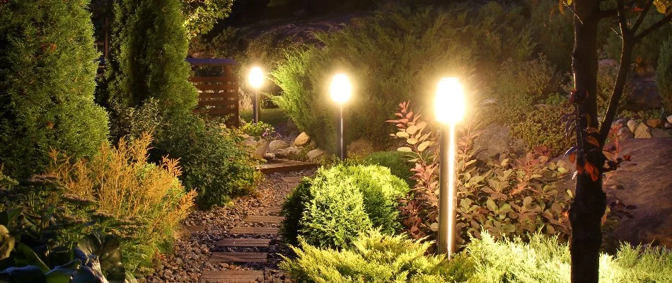 Outdoor lights in Bristow, VA, surrounded by lush plants.